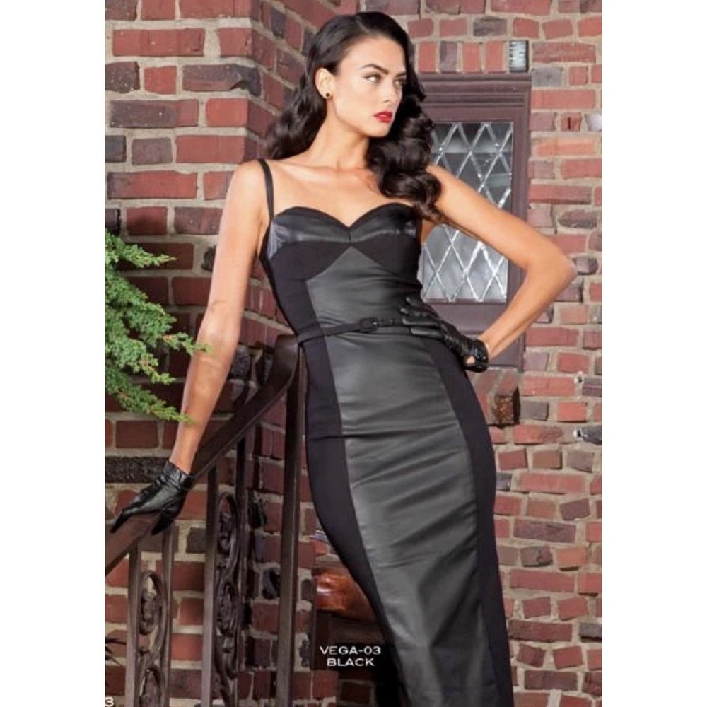 Stop Staring Vega Black Faux Leather Pinup Wiggle Cocktail Dress M USA